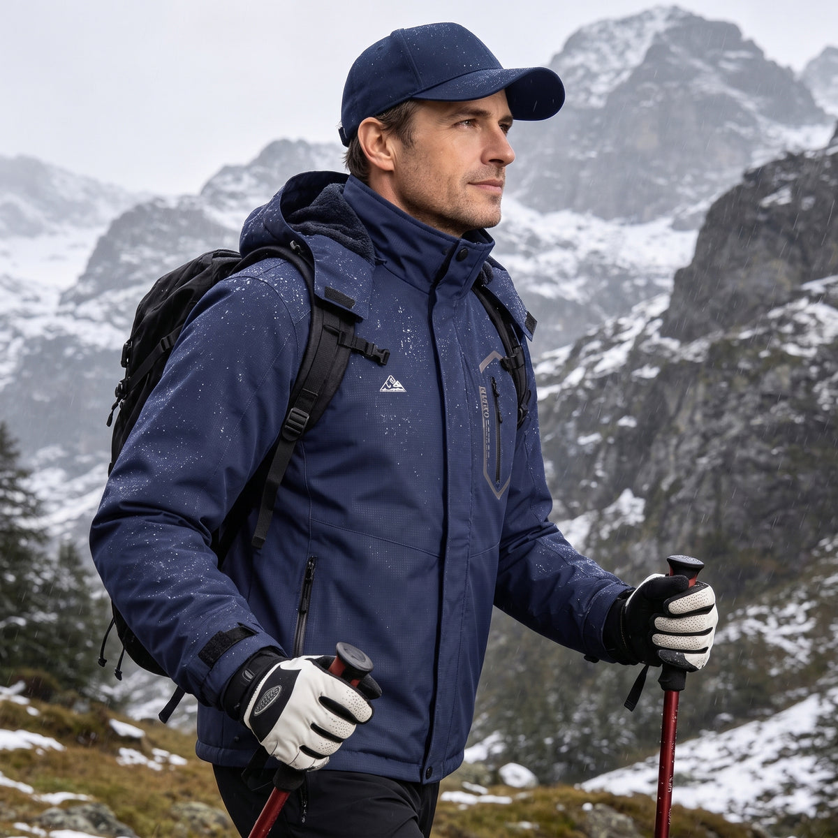Men's Ski Jacket with Hooded Snowboarding Waterproof Fleece Lining Jacket Winter Coat Multi Pockets
