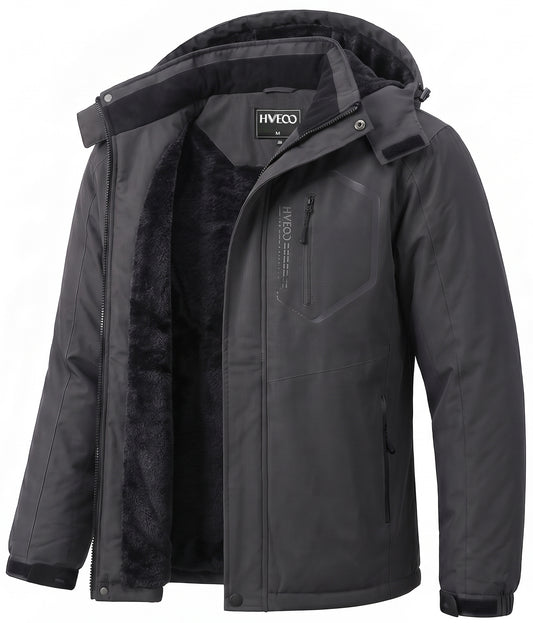 Men's Ski Jacket with Hooded Snowboarding Waterproof Fleece Lining Jacket Winter Coat Multi Pockets