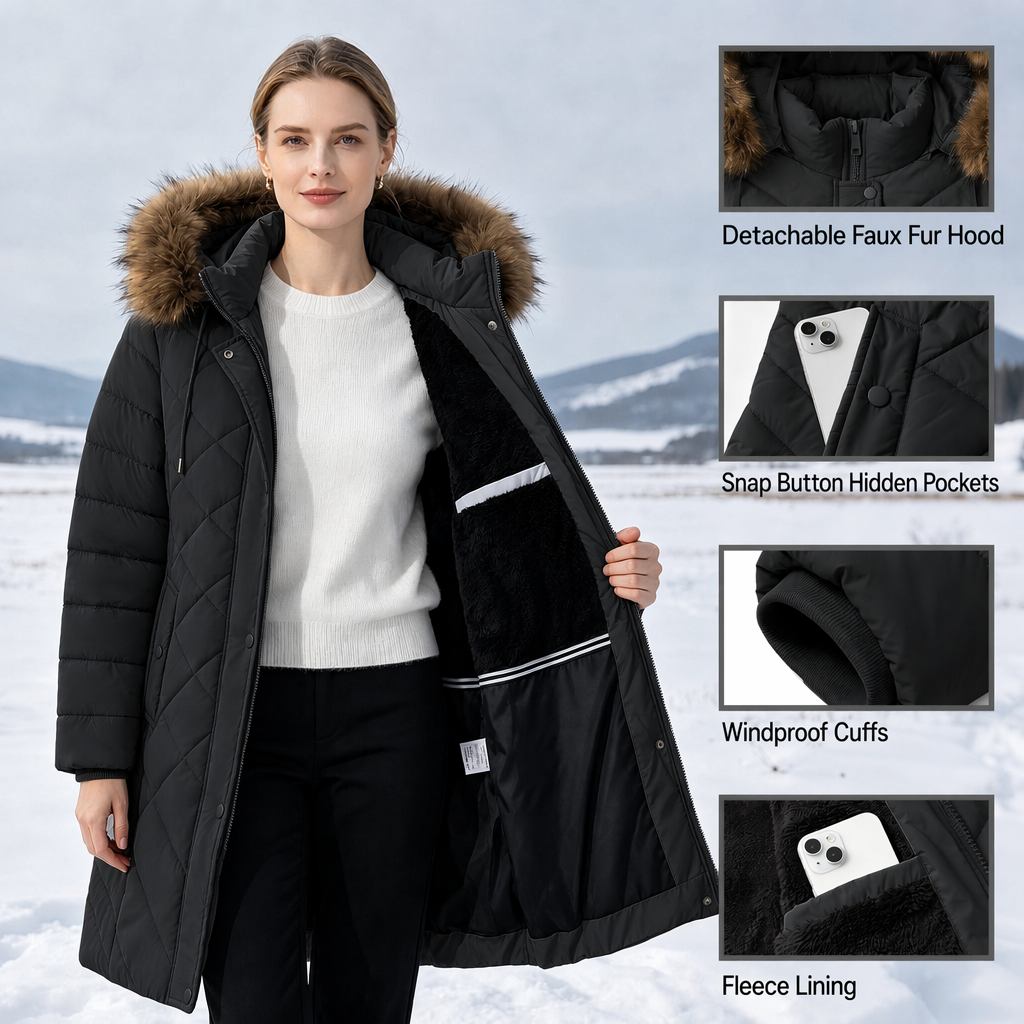 Warm Winter Puffer Coat Women Thicken Fleece Lined Down Jacket Faux Fur Detachable Hood Snow Parka Waterproof