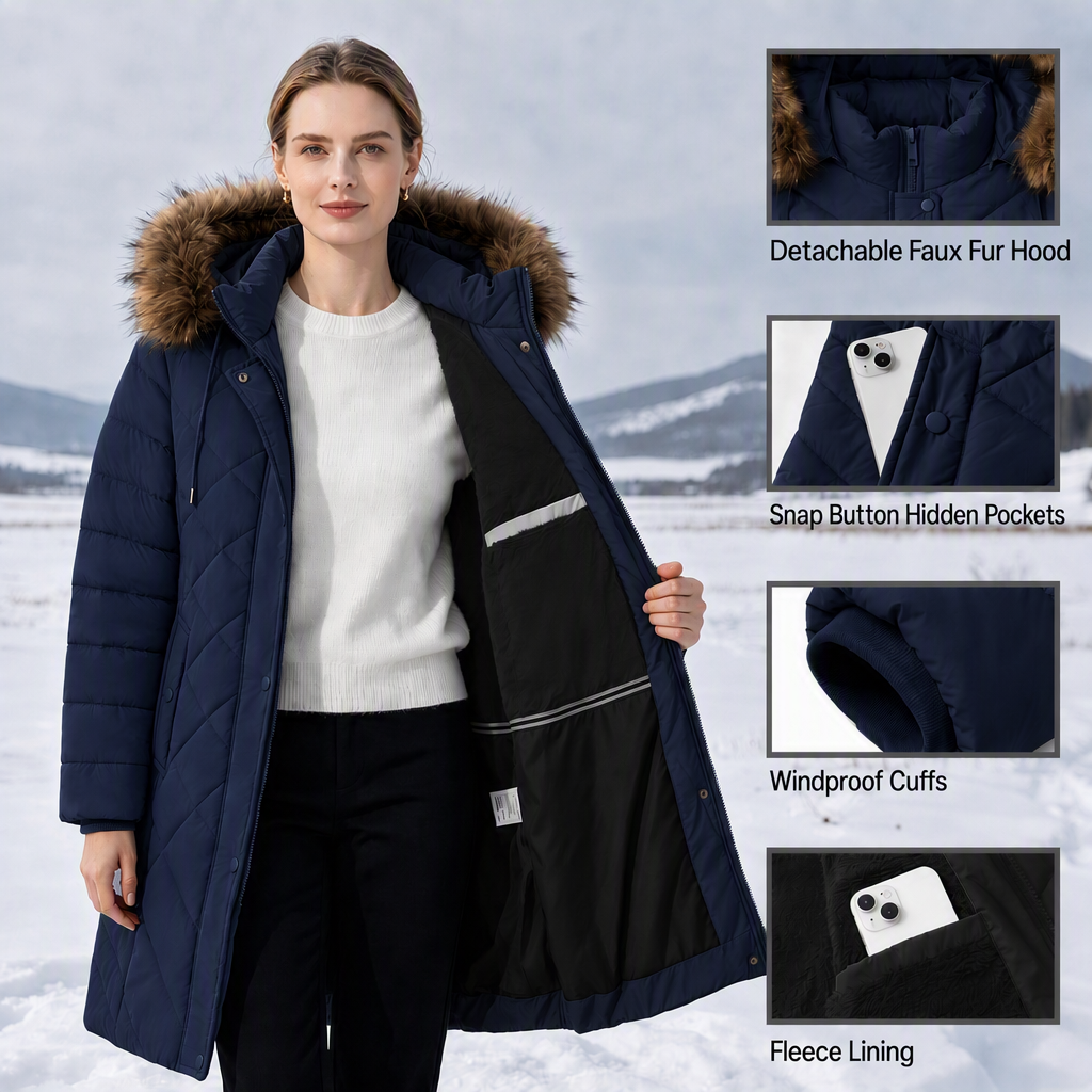 Warm Winter Puffer Coat Women Thicken Fleece Lined Down Jacket Faux Fur Detachable Hood Snow Parka Waterproof