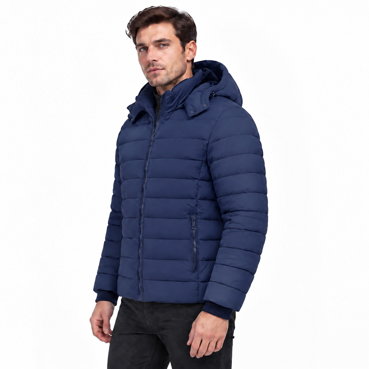 Men's Lightweight Puffer Jackets Detachable Hood Water-Resistant Casual Winter Coat Hooded Insulated for Travel Ski
