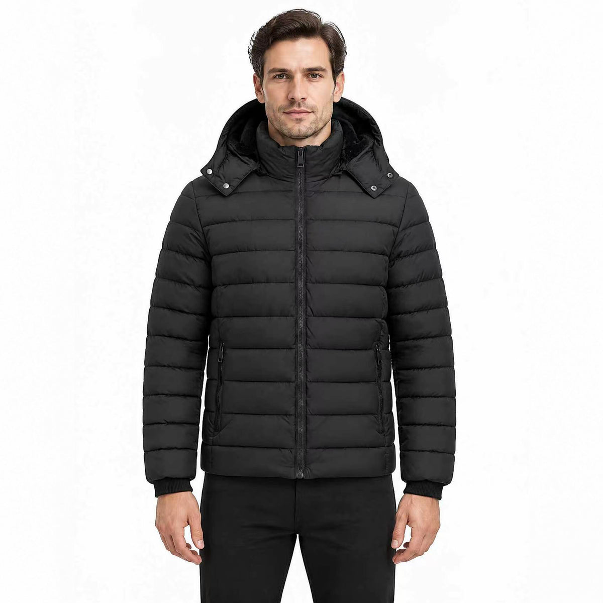 Men's Lightweight Puffer Jackets Detachable Hood Water-Resistant Casual Winter Coat Hooded Insulated for Travel Ski
