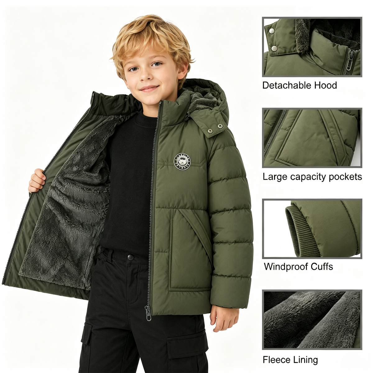 Winter Coat Boys' Thick Puffer Jackets with Removable Hood Warm Quilted Coats