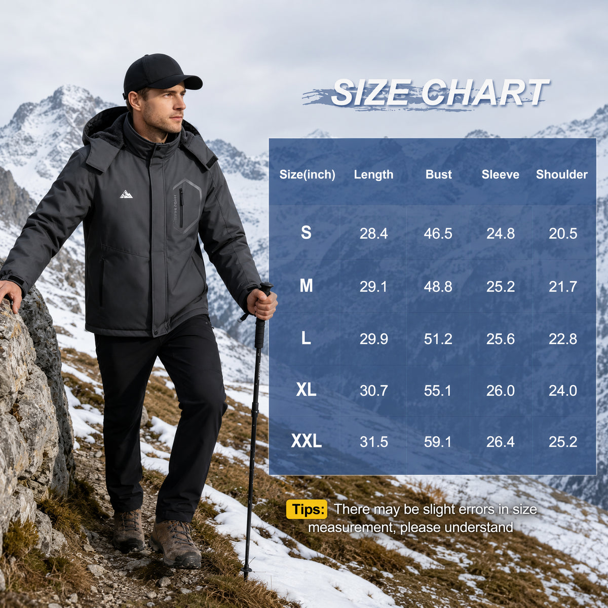 Men's Ski Jacket with Hooded Snowboarding Waterproof Fleece Lining Jacket Winter Coat Multi Pockets