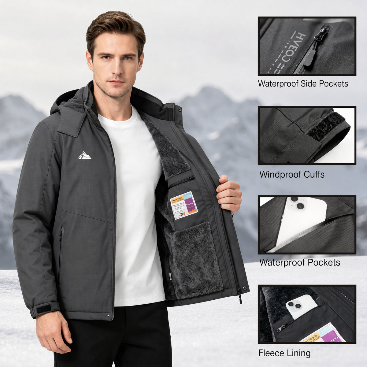 Men's Ski Jacket with Hooded Snowboarding Waterproof Fleece Lining Jacket Winter Coat Multi Pockets