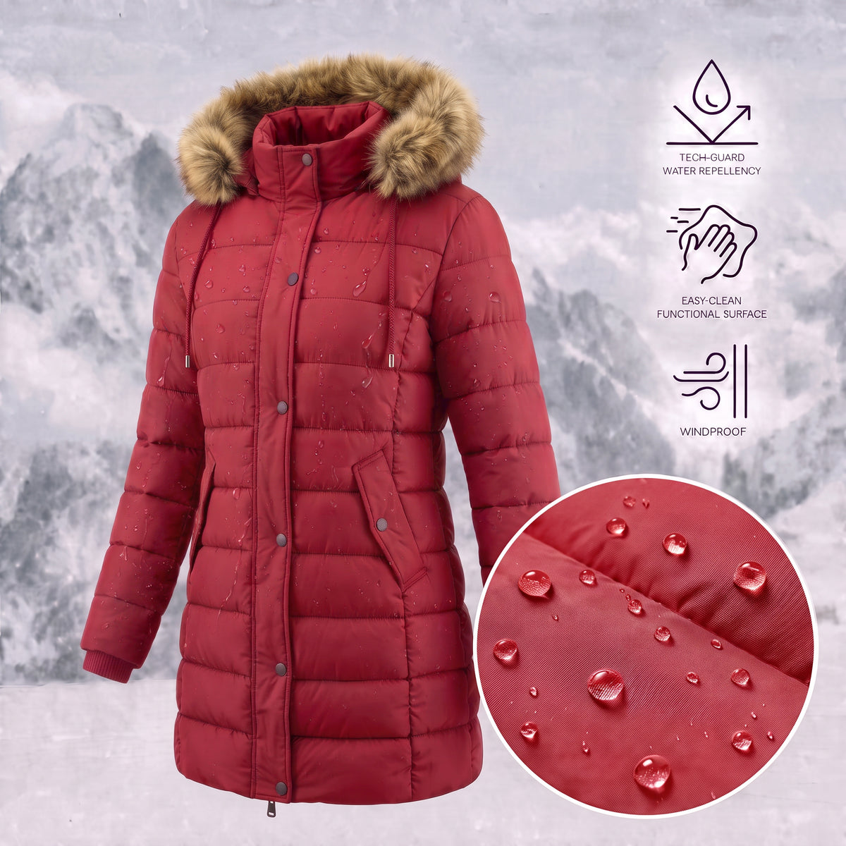 Women's Warm Winter Puffer Coat Thicken Fleece Lined Down Jacket Faux Fur Detachable Hood Snow Parka Waterproof
