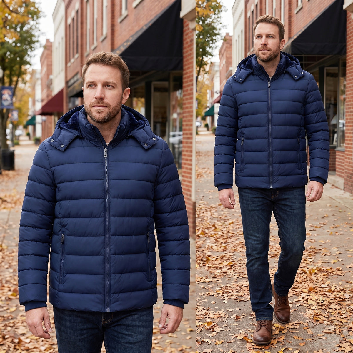 Men's Lightweight Puffer Jackets Detachable Hood Water-Resistant Casual Winter Coat Hooded Insulated for Travel Ski