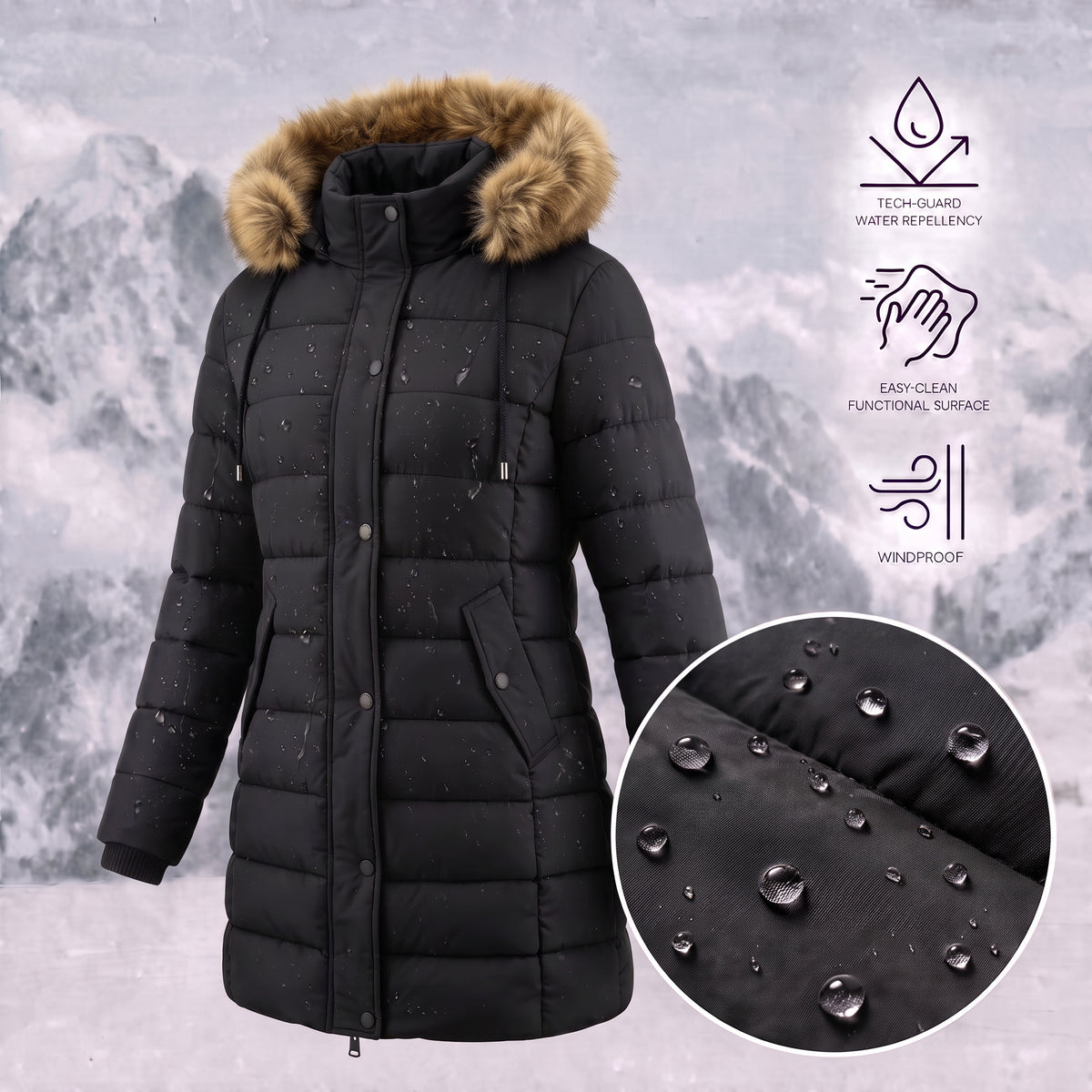 Women's Warm Winter Puffer Coat Thicken Fleece Lined Down Jacket Faux Fur Detachable Hood Snow Parka Waterproof