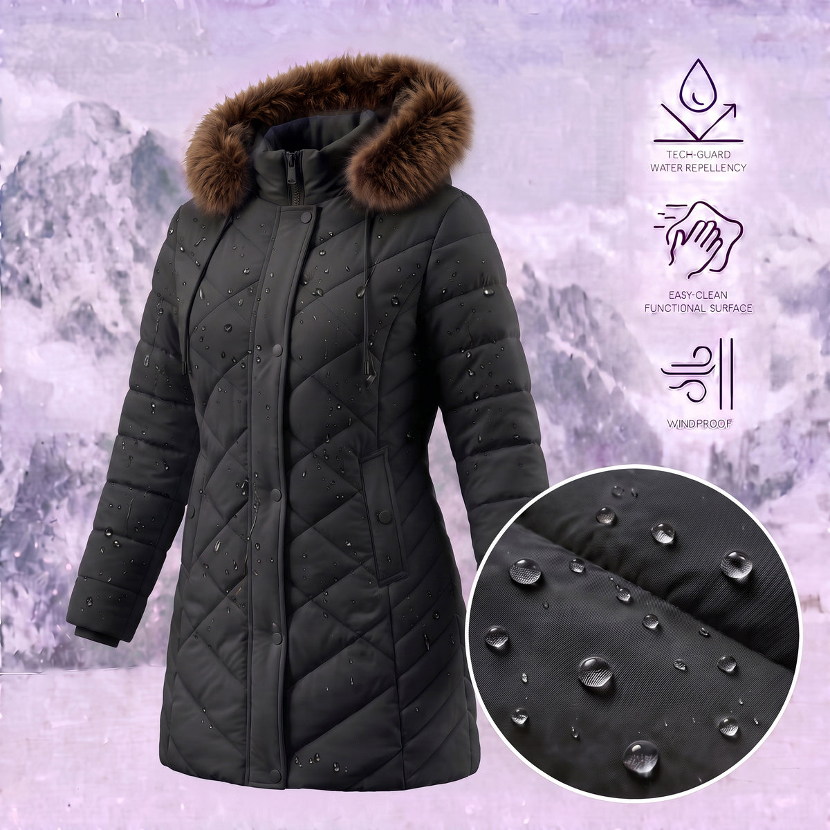 Warm Winter Puffer Coat Women Thicken Fleece Lined Down Jacket Faux Fur Detachable Hood Snow Parka Waterproof