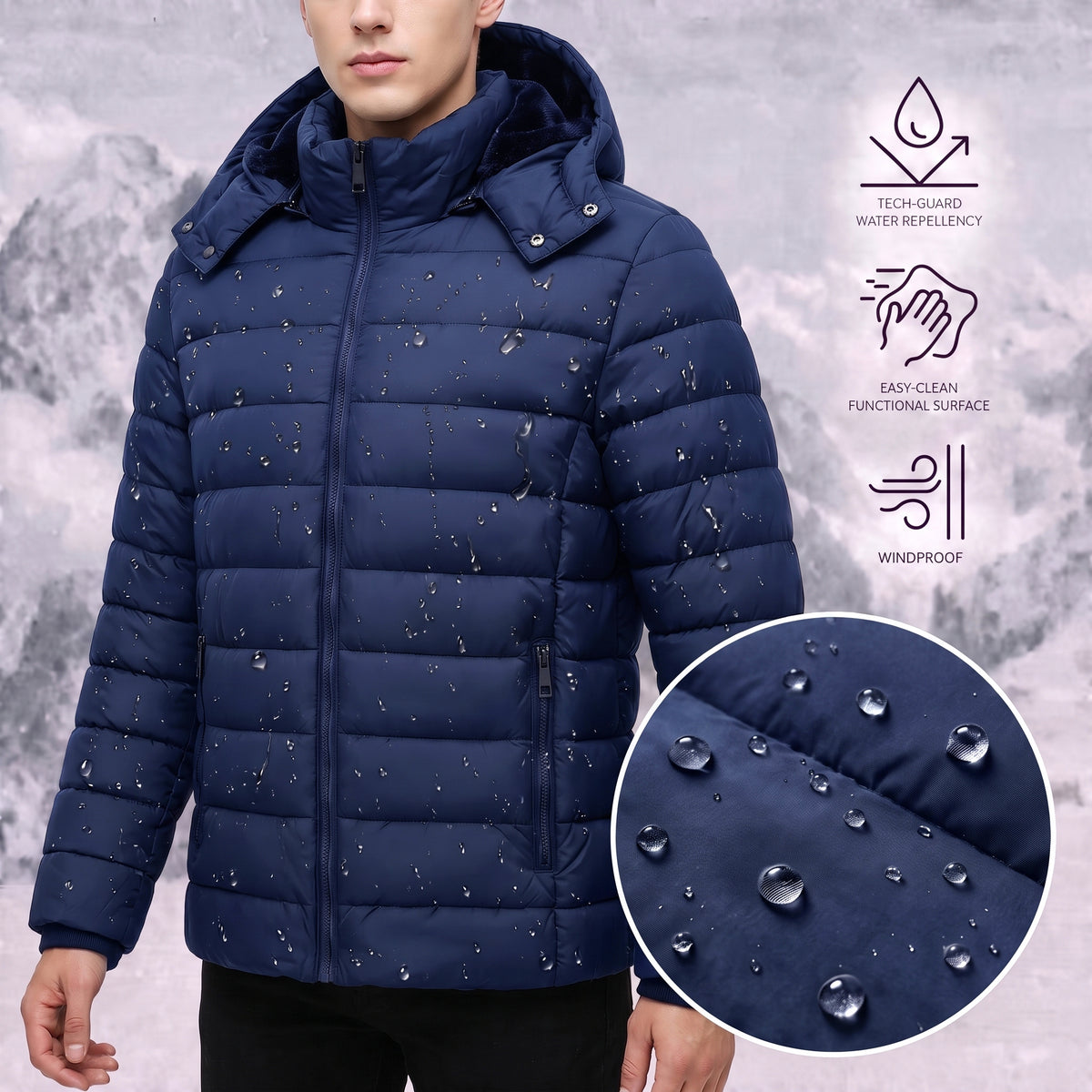 Men's Lightweight Puffer Jackets Detachable Hood Water-Resistant Casual Winter Coat Hooded Insulated for Travel Ski