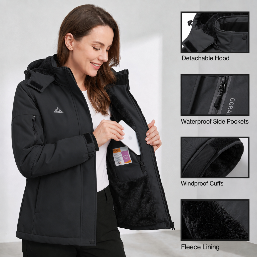 Women's Skiing Jackets Mountain Snowboarding Jacket Winter Waterproof Snow Coat with Fleece Hood