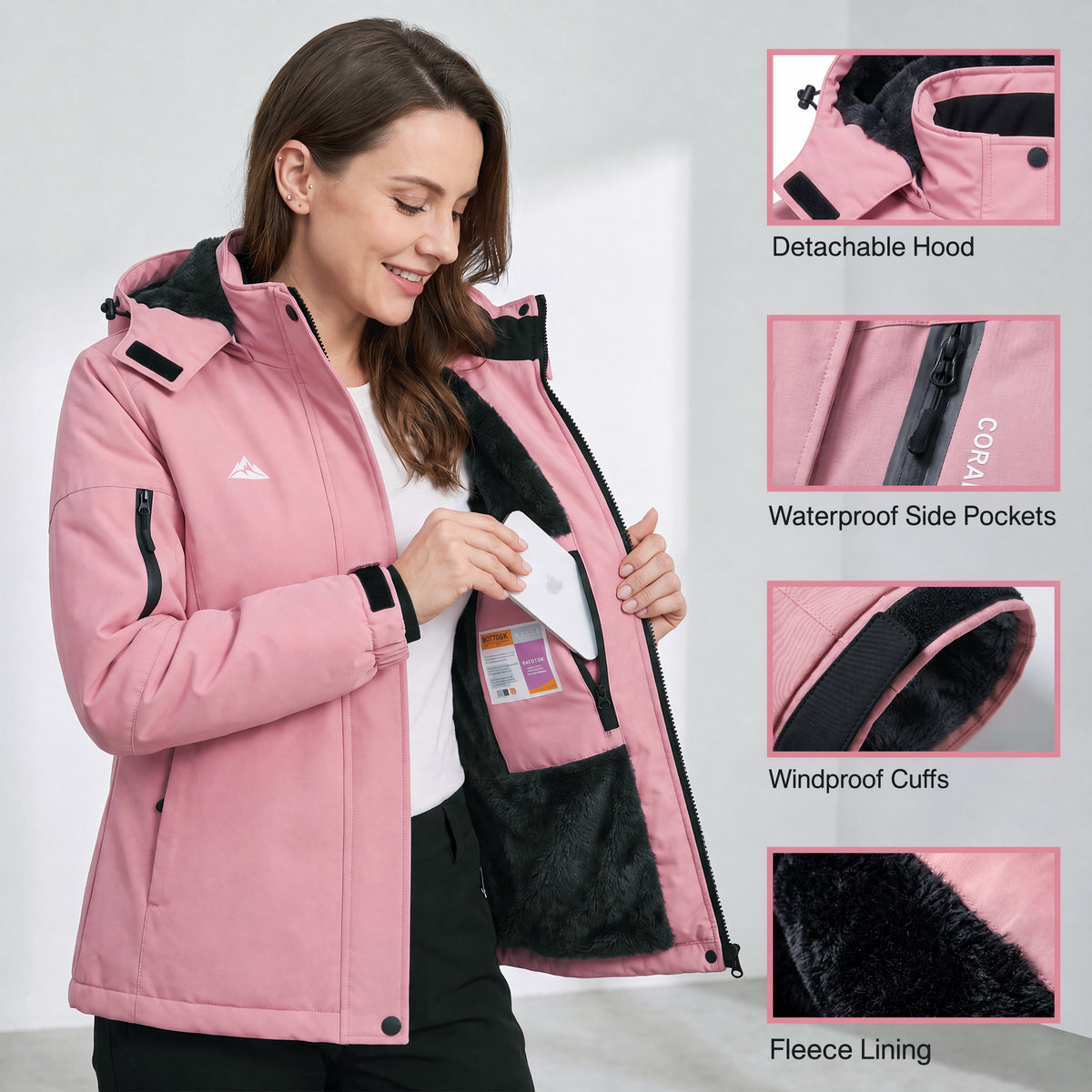 Women's Skiing Jackets Mountain Snowboarding Jacket Winter Waterproof Snow Coat with Fleece Hood