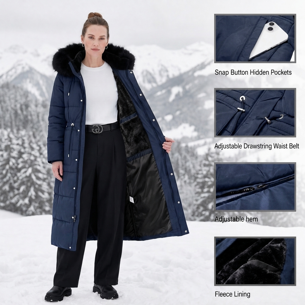 HVEOO Womens Maxi Puffer Jacket Long Parka Wind & Water Resistant Insulated Winter Jackets for Women