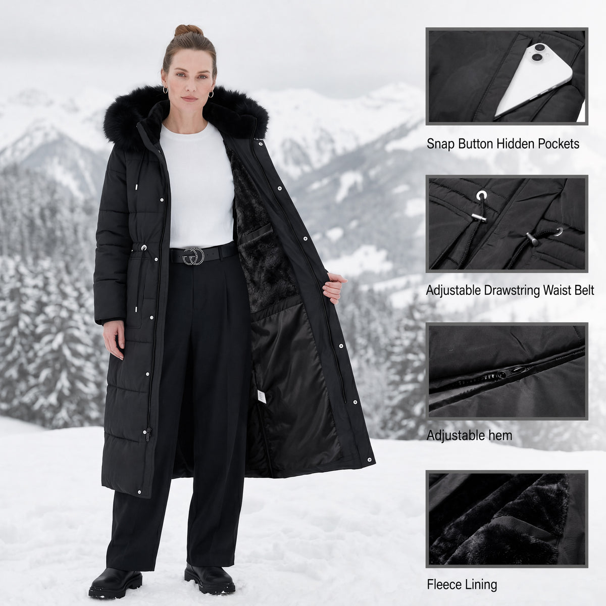 HVEOO Womens Maxi Puffer Jacket Long Parka Wind & Water Resistant Insulated Winter Jackets for Women