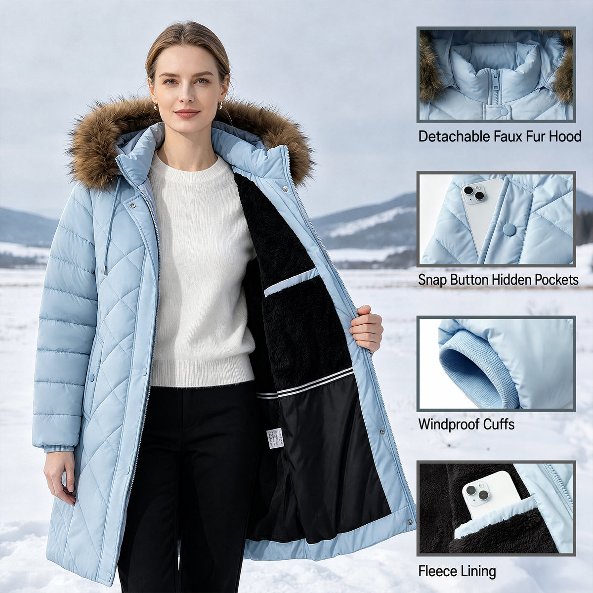 Warm Winter Puffer Coat Women Thicken Fleece Lined Down Jacket Faux Fur Detachable Hood Snow Parka Waterproof