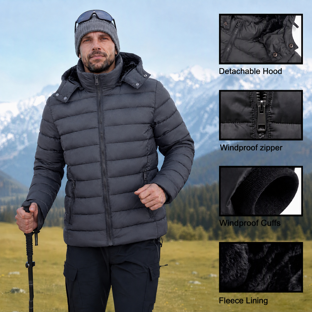 Men's Lightweight Puffer Jackets Detachable Hood Water-Resistant Casual Winter Coat Hooded Insulated for Travel Ski