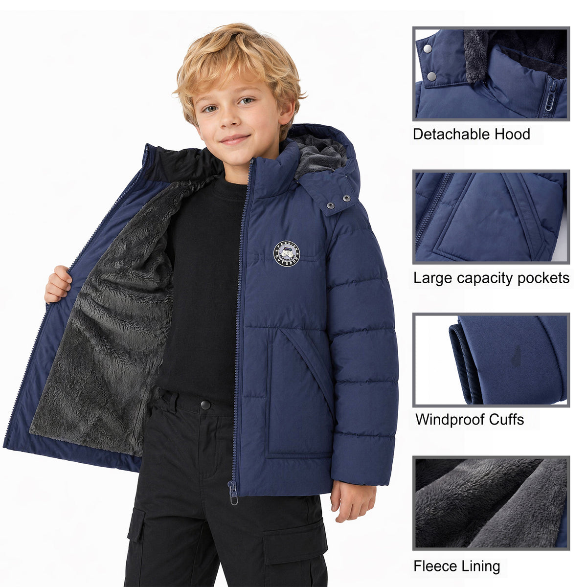 Winter Coat Boys' Thick Puffer Jackets with Removable Hood Warm Quilted Coats