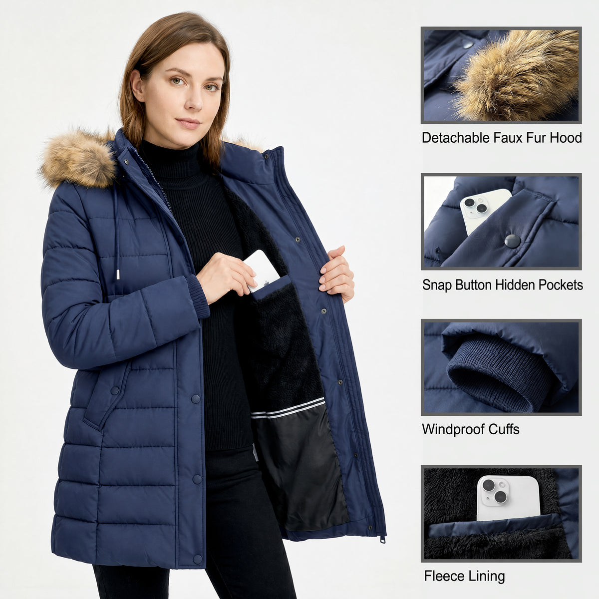 Women's Warm Winter Puffer Coat Thicken Fleece Lined Down Jacket Faux Fur Detachable Hood Snow Parka Waterproof