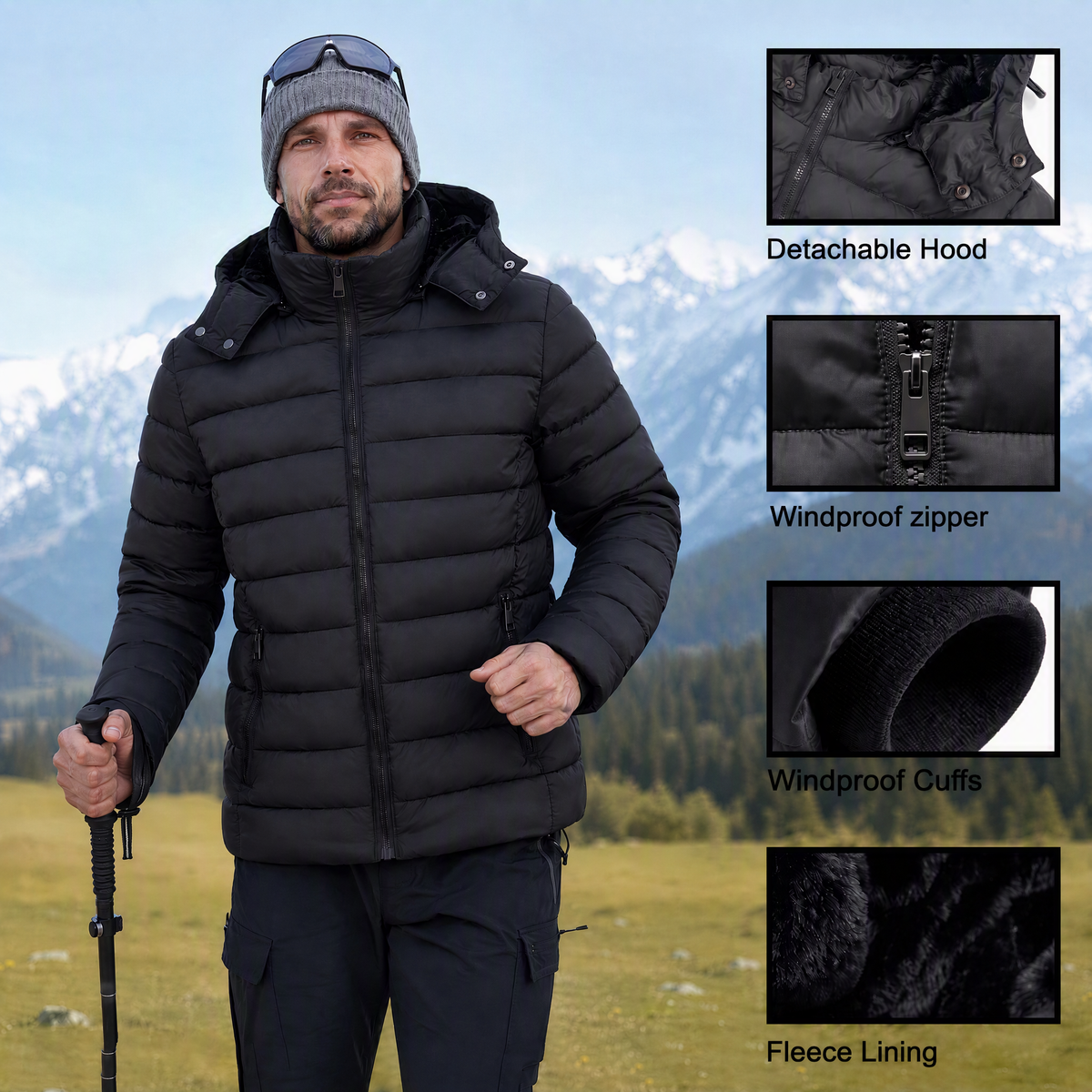 Men's Lightweight Puffer Jackets Detachable Hood Water-Resistant Casual Winter Coat Hooded Insulated for Travel Ski