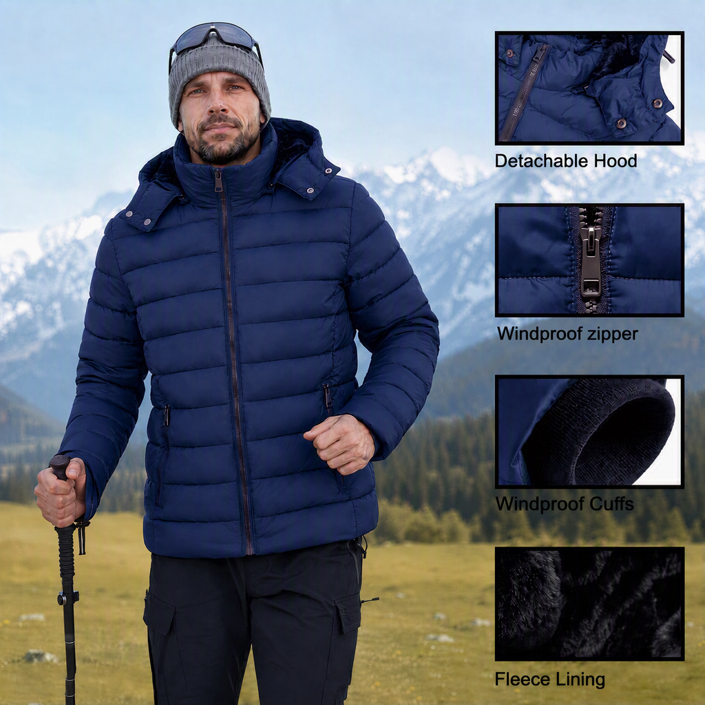 Men's Lightweight Puffer Jackets Detachable Hood Water-Resistant Casual Winter Coat Hooded Insulated for Travel Ski