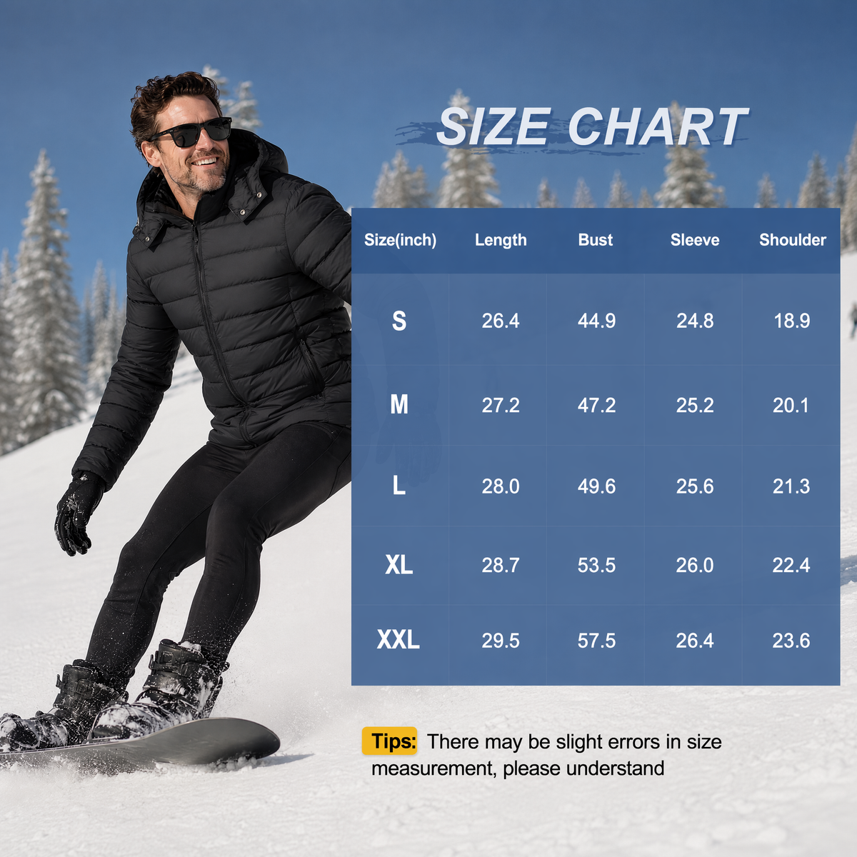 Men's Lightweight Puffer Jackets Detachable Hood Water-Resistant Casual Winter Coat Hooded Insulated for Travel Ski