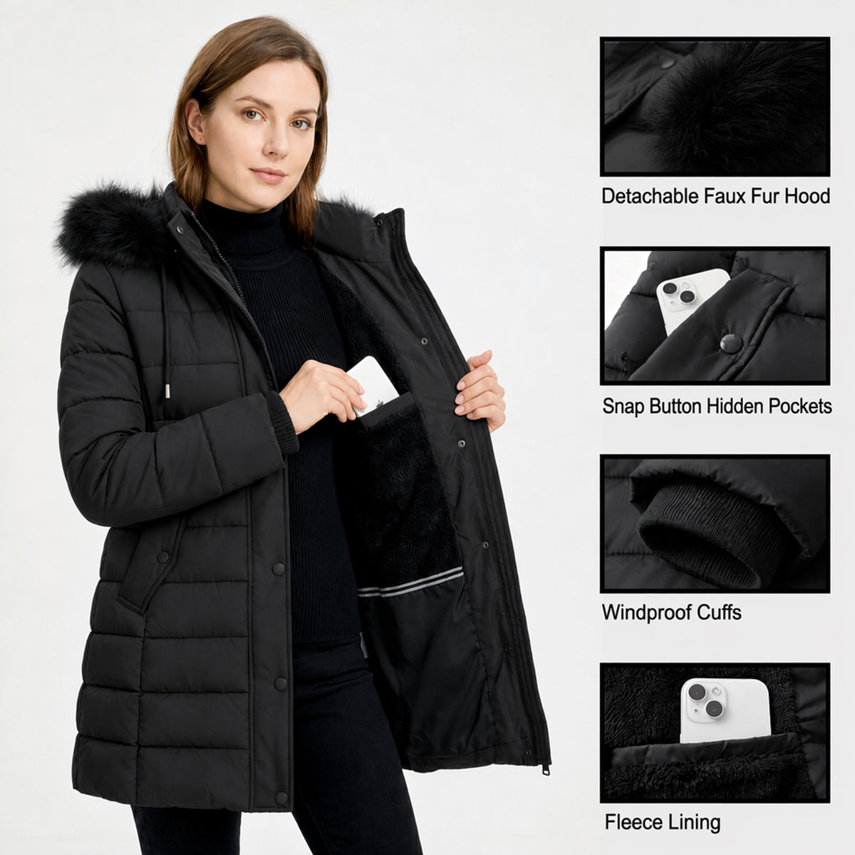 Women's Warm Winter Puffer Coat Thicken Fleece Lined Down Jacket Faux Fur Detachable Hood Snow Parka Waterproof