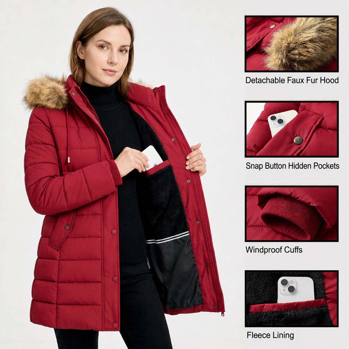 Puffer Coats for Women Winter Jacket Long Waterproof Snow Parka With Removable Faux Fur Trim Hood