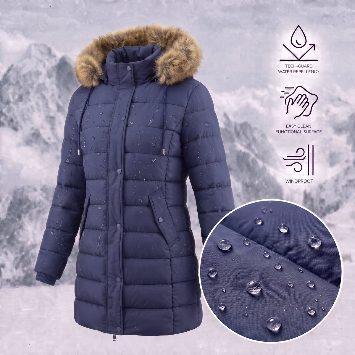 Women's Warm Winter Puffer Coat Thicken Fleece Lined Down Jacket Faux Fur Detachable Hood Snow Parka Waterproof