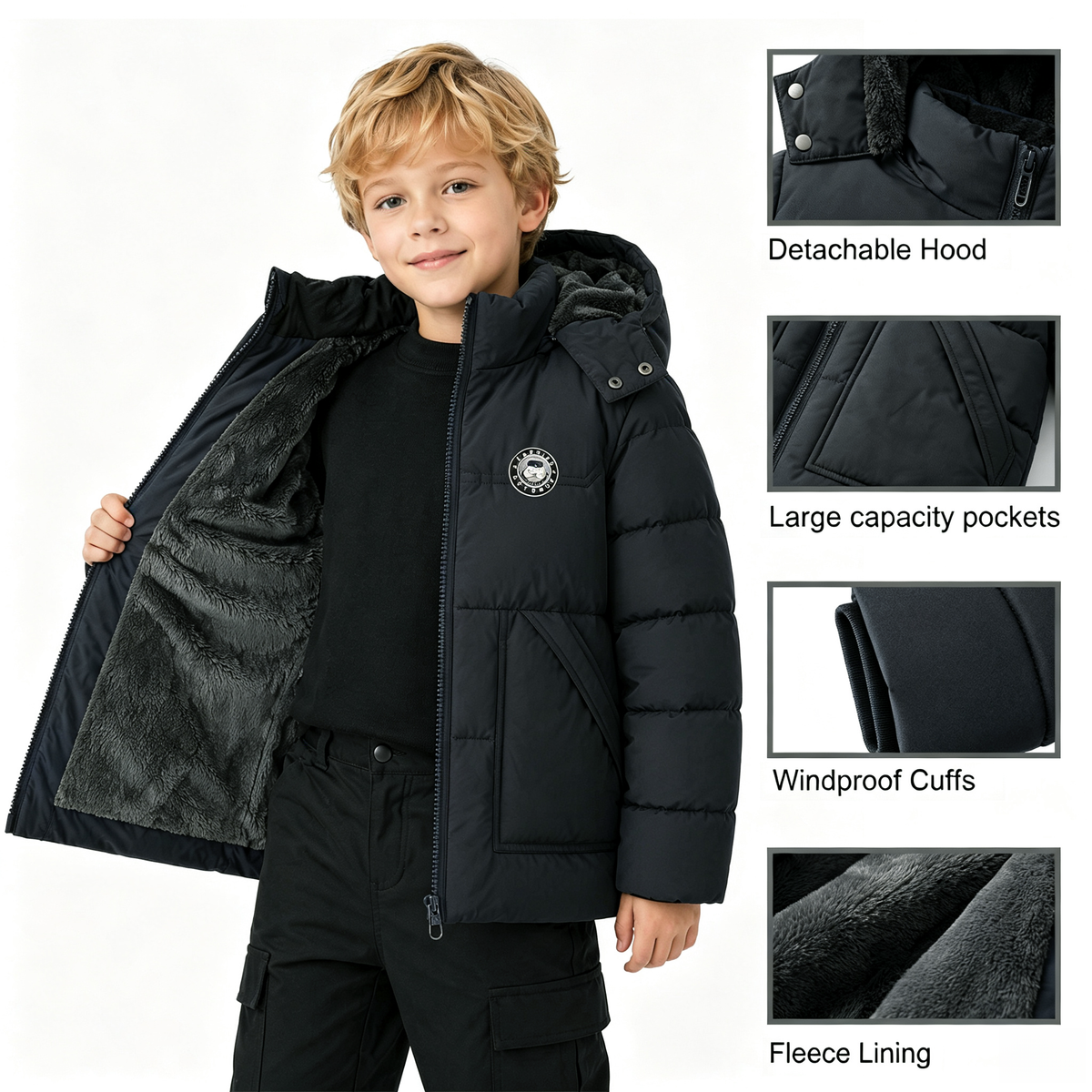Winter Coat Boys' Thick Puffer Jackets with Removable Hood Warm Quilted Coats