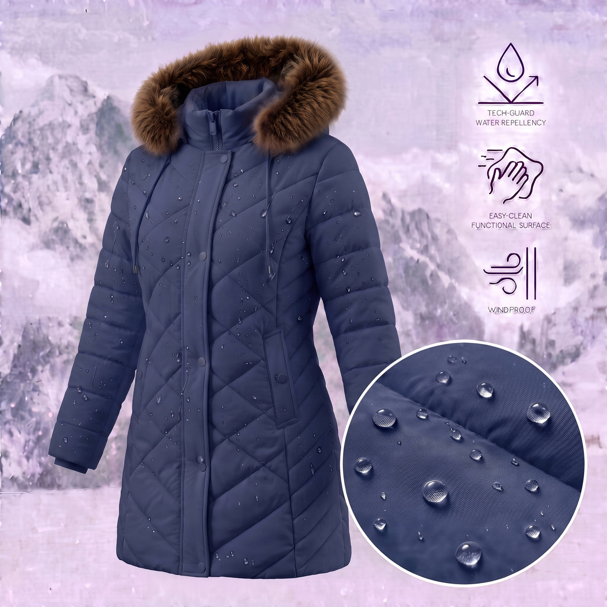 Warm Winter Puffer Coat Women Thicken Fleece Lined Down Jacket Faux Fur Detachable Hood Snow Parka Waterproof