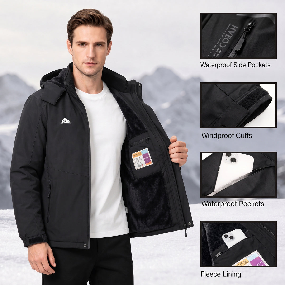 Men's Ski Jacket with Hooded Snowboarding Waterproof Fleece Lining Jacket Winter Coat Multi Pockets