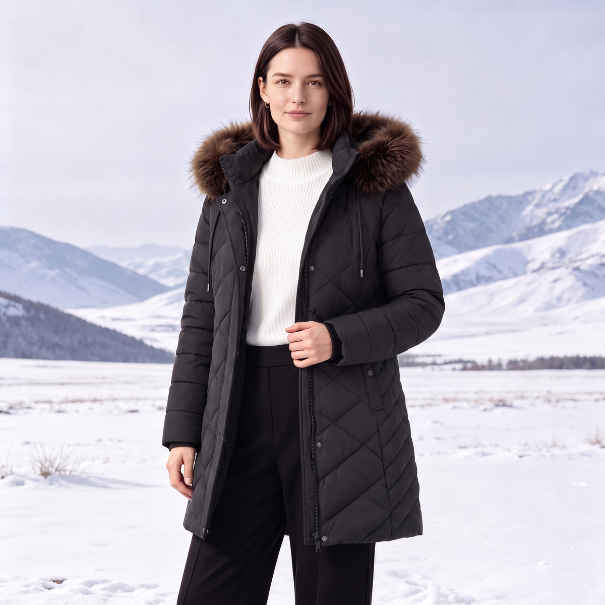 Warm Winter Puffer Coat Women Thicken Fleece Lined Down Jacket Faux Fur Detachable Hood Snow Parka Waterproof