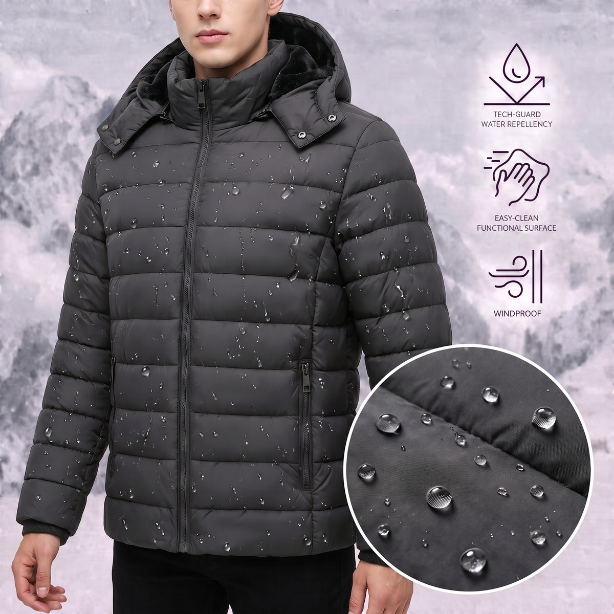 Men's Lightweight Puffer Jackets Detachable Hood Water-Resistant Casual Winter Coat Hooded Insulated for Travel Ski