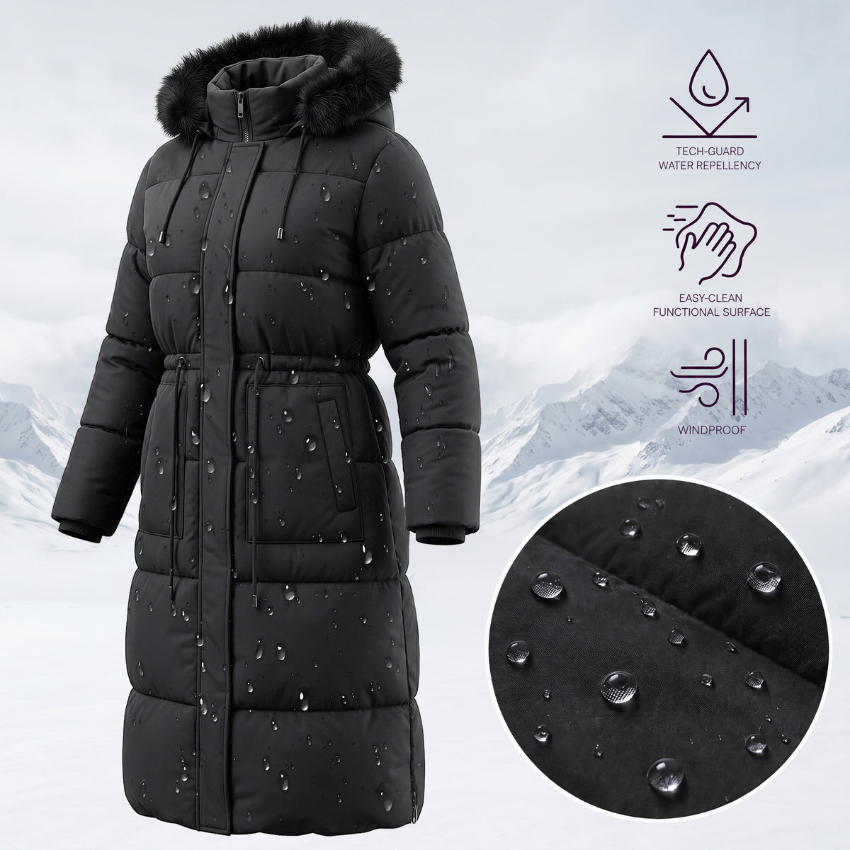 HVEOO Womens Maxi Puffer Jacket Long Parka Wind & Water Resistant Insulated Winter Jackets for Women
