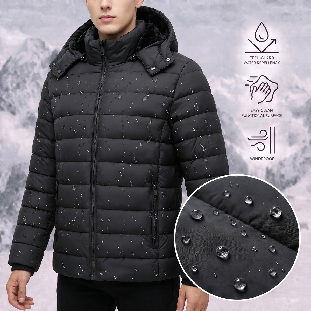 Men's Lightweight Puffer Jackets Detachable Hood Water-Resistant Casual Winter Coat Hooded Insulated for Travel Ski