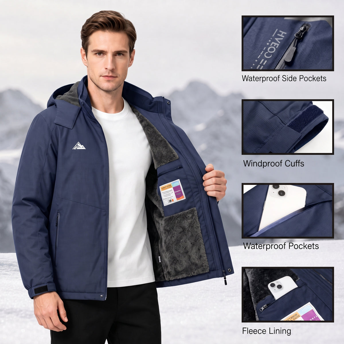 Mens Skiing Jackets with Hoode Snowboarding Waterproof Fleece Liner Coats Windproof Winter Raincoat for Men