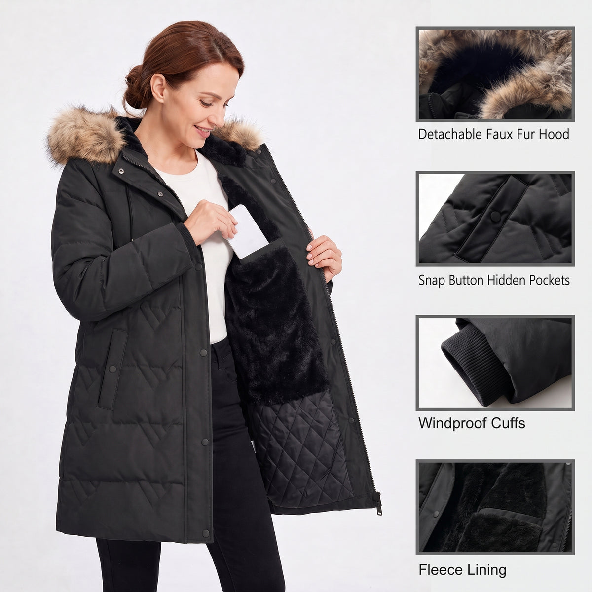 Winter Coats For Women Puffer Down Parka Thicken Jacket Snow Quilted Jacket Warm Detachable Fur Faux Hood